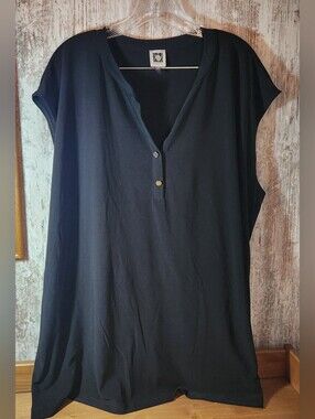 Anne Klein Classic Black Sleeveless Henley Tunic Top
